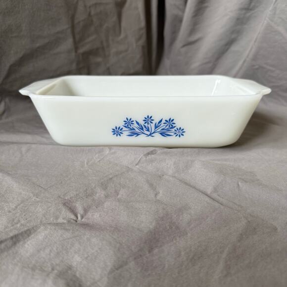 Vintage Anchor Hocking Fire-King Milk Glass Loaf Pan Blue Flower Pattern 9 x 5" - Picture 1 of 8
